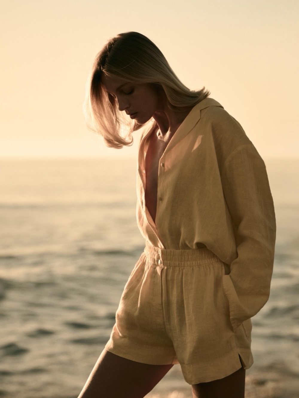 Zara 100% Linen Pastel Yellow Shirt and Short Set Size XS